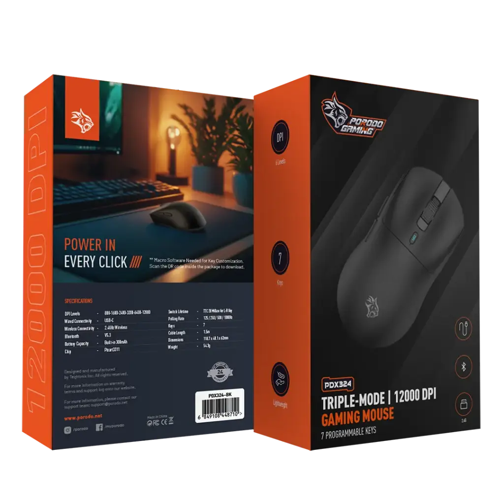 Porodo Gaming Mouse Wireless 12000 DPI, PAW3311 Optical Sensor with Tri-Mode 2.4G/USB-C Wired/Bluetooth PDX324 - Black