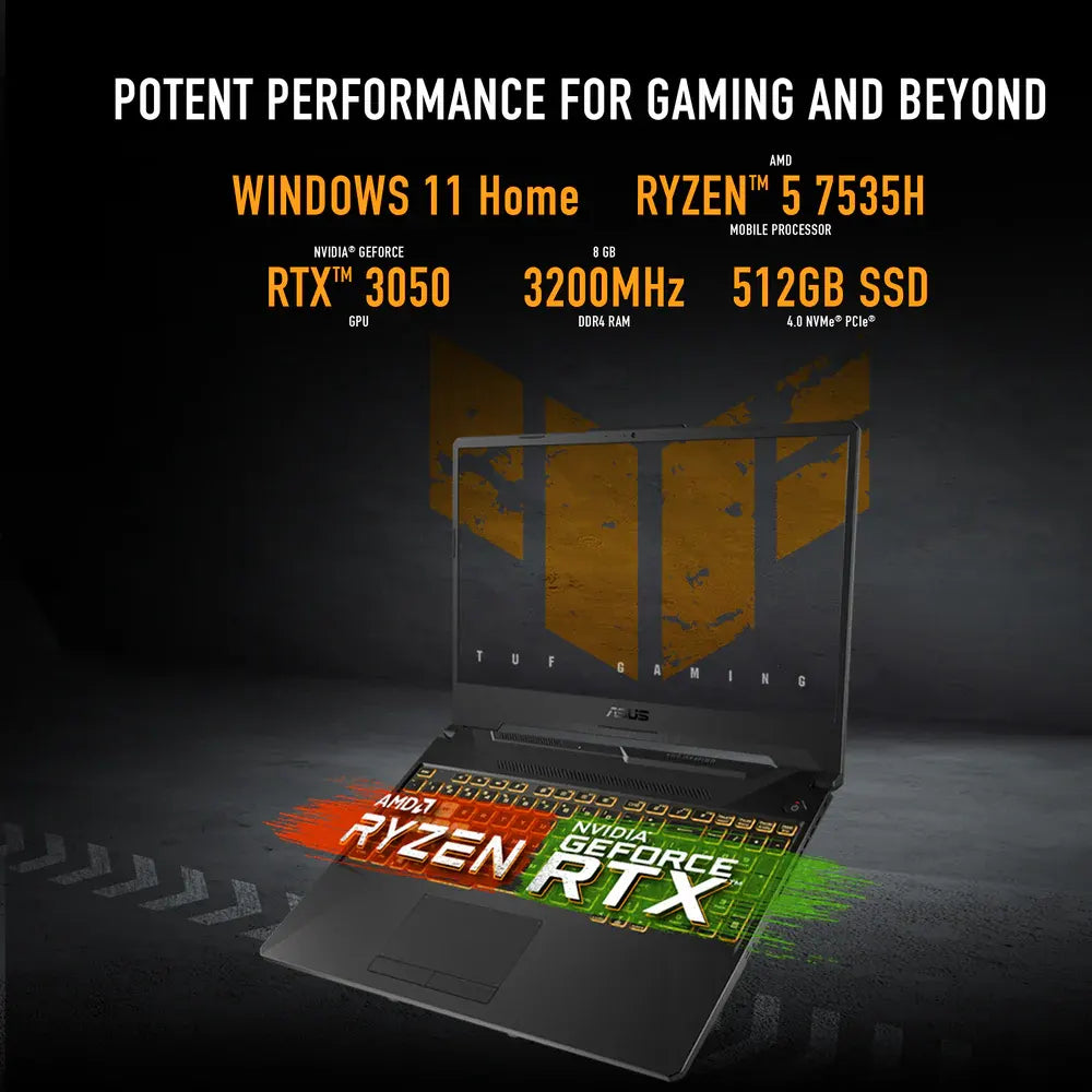 ASUS TUF A15 Gaming Laptop 15.6" FHD 144Hz, AMD Ryzen 5 7535HS, 16GB RAM, 512GB SSD, RTX 3050 4GB, English – Arabic Keyboard, Windows 11 Home, Black – FA506NC-HN003W